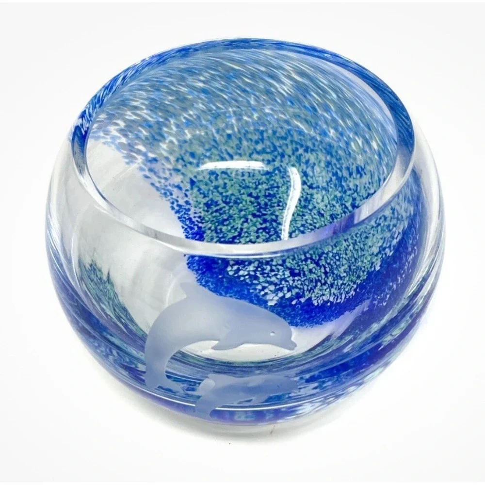 2 Lenox‎ Undersea Paradise Votive Crystal Blue Swirl Dolphin, Made in Scotland